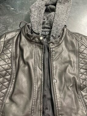 Alo-Ka Black Leather Jacket with Knit Hood
